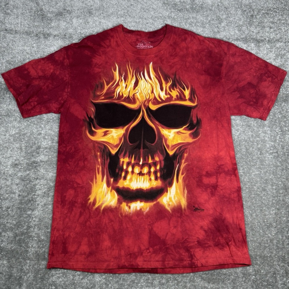 The Mountain T-Shirt Men's XL Red Skull on‎ Fire Short Sleeve Crew Neck Tie Dye